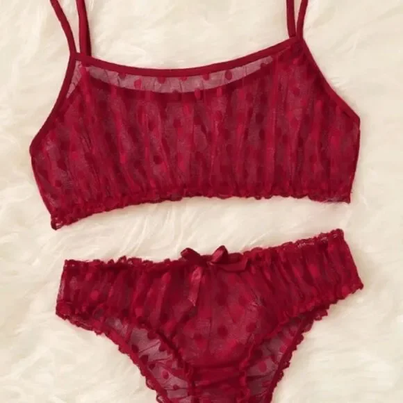 Red Polka Dot Lingerie Set • Mesh Bikini Style Lingerie Outfit - Picture 2 of 11